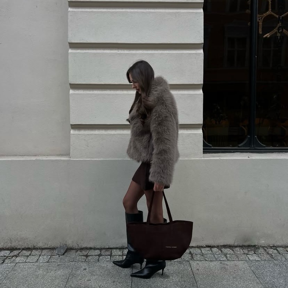 Zara faux fur buckle closure short coat grey brown - Picture 12 of 16